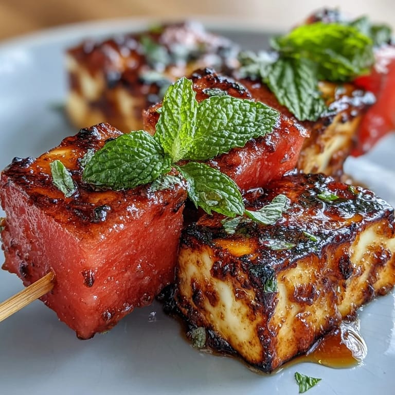 Vibrant grilled halloumi skewers bursting with fresh mint and sweet watermelon flavors.