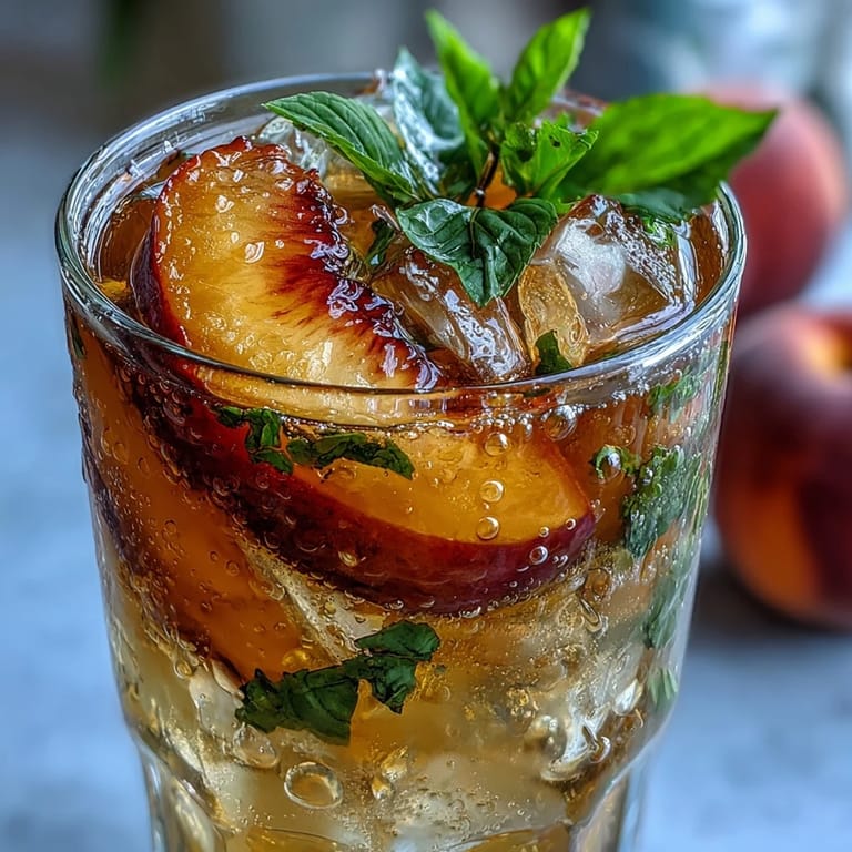 A refreshing glass of Iced Peach Green Tea Lemonade with mint garnish.