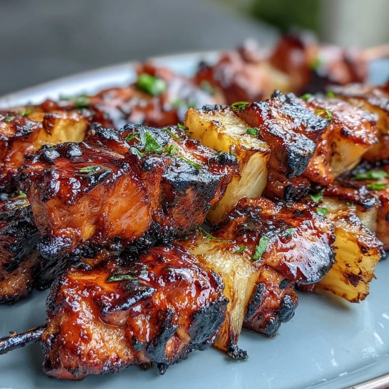 Juicy al pastor chicken skewers with grilled pineapple, garnished with cilantro.