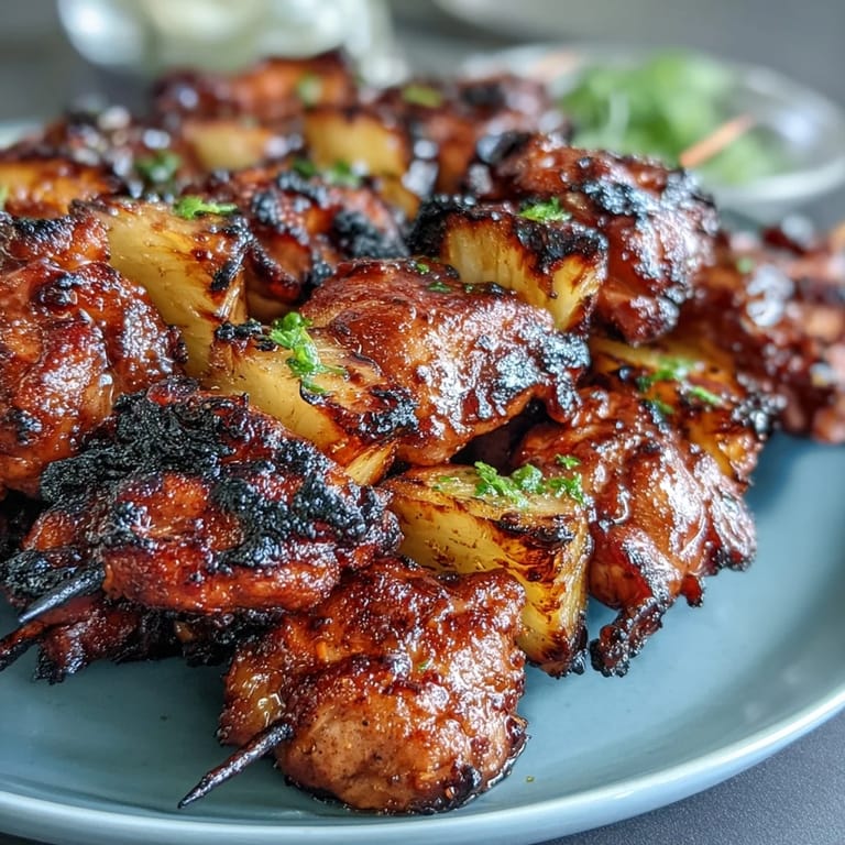 Smoky, marinated chicken al pastor skewers served with charred pineapple slices.