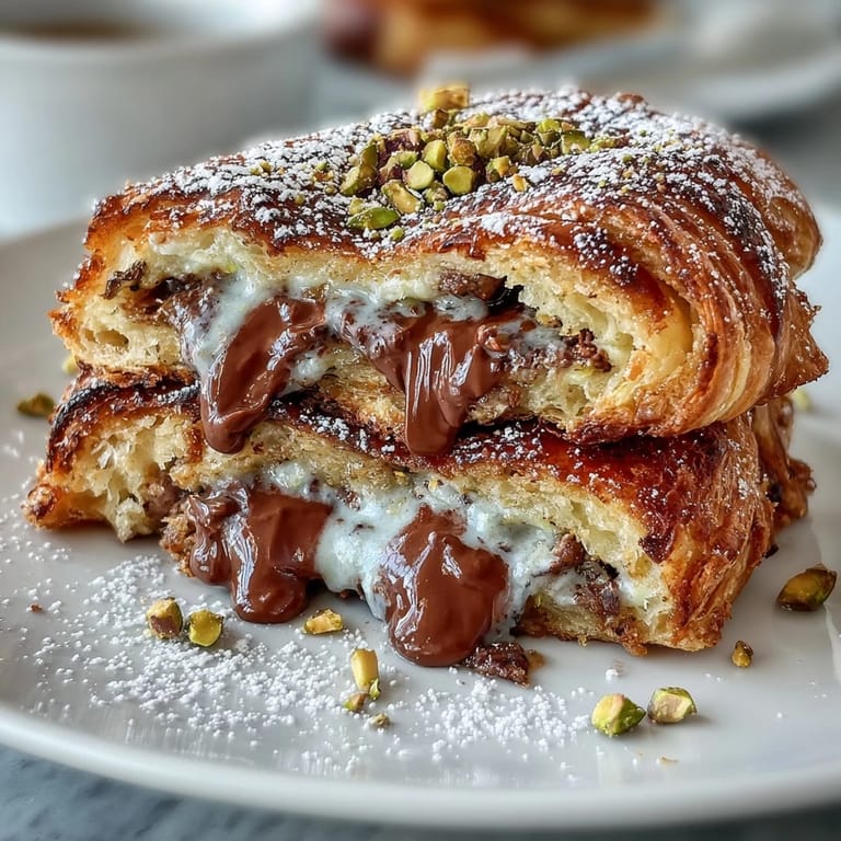 Crispy, warm croissant French toast filled with melted chocolate, pistachios.