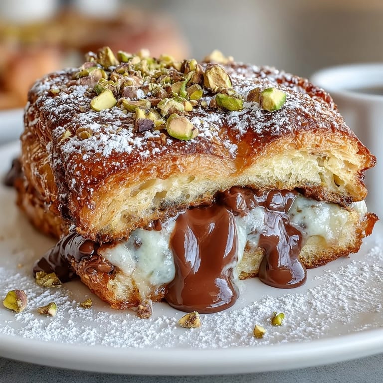 Decadent Dubai chocolate pistachio croissant French toast dusted with sugar.