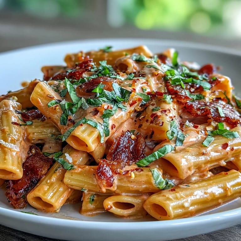 Creamy blush pasta with rich tomato and parmesan sauce, served hot in a skillet and topped with aromatic fresh basil leaves.