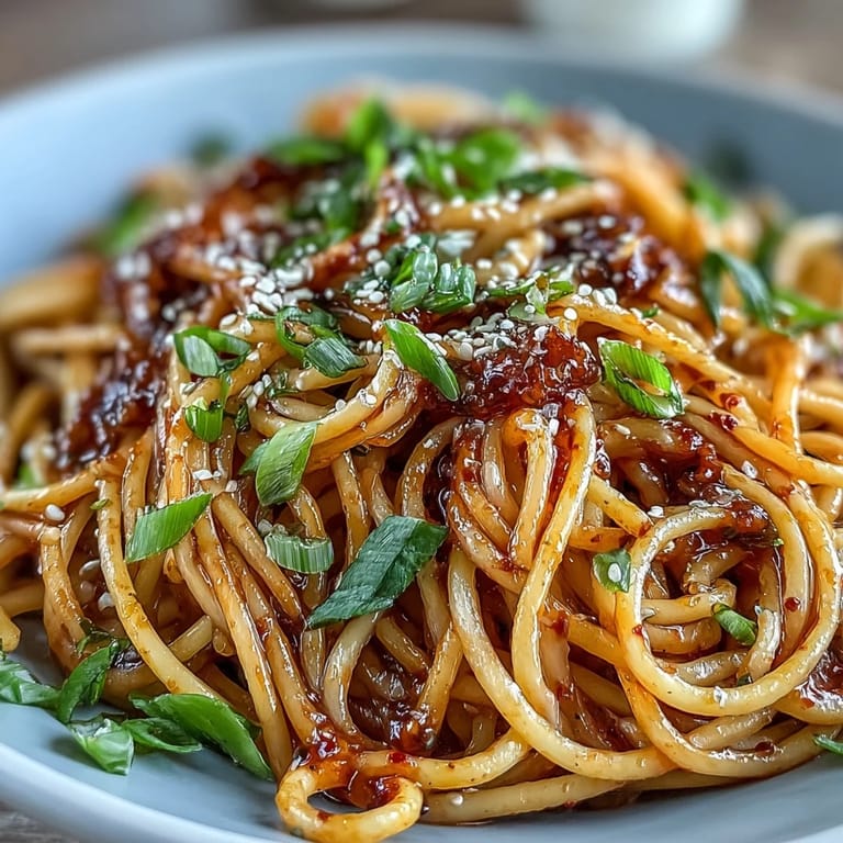 Aromatic gochujang butter pasta with glossy sauce clinging to linguine, garnished with sesame seeds and sliced green onions.  