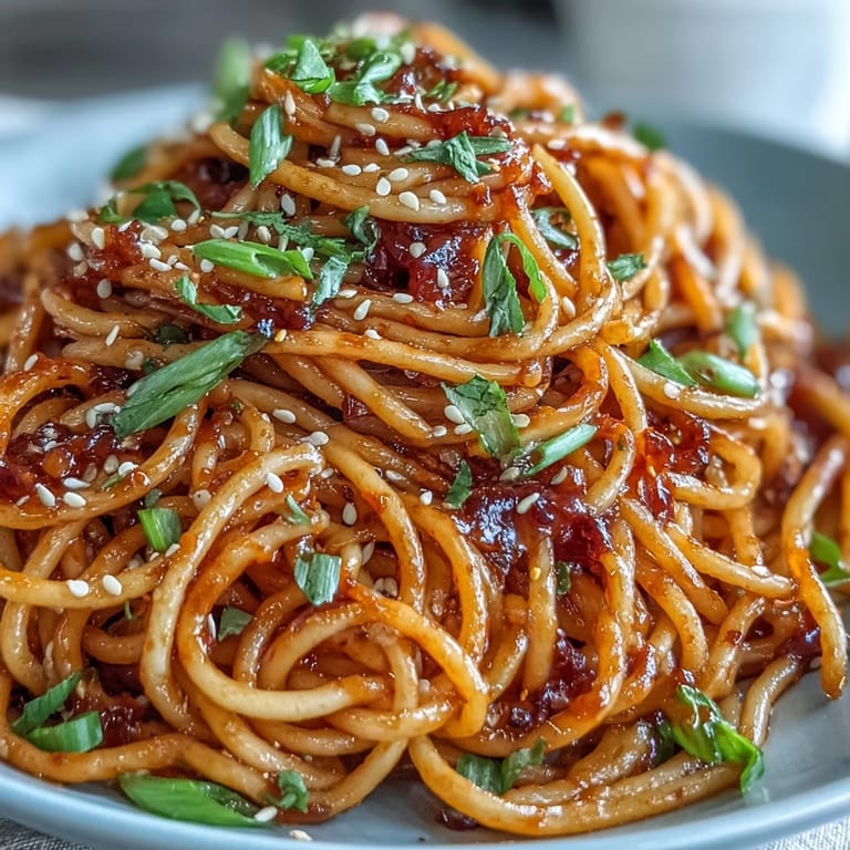 Spicy-sweet gochujang butter pasta served in a white bowl, topped with toasted sesame seeds and freshly ground black pepper.