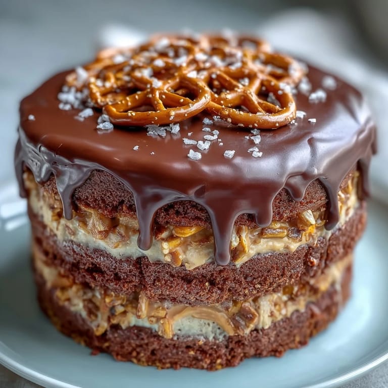 Moist chocolate cake layers filled with creamy peanut butter, topped with crunchy pretzels.