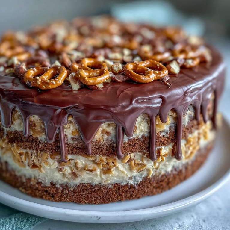 Celebrate Dad with this stunning Chocolate Peanut Butter Pretzel Cake, perfect for slicing.