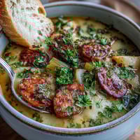 A steaming bowl of Potato, Leek and Chorizo Soup garnished with fresh parsley and croutons.  