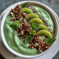 Creamy green shamrock protein smoothie bowl with fresh spinach, banana, and avocado, topped with kiwi slices, granola, and festive edible gold stars.