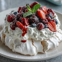 A delicate pavlova with fresh berries and cream, crisp on the outside and marshmallow-soft inside, ready to slice.