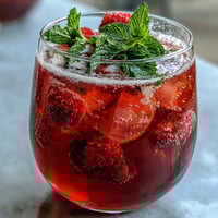 Vibrant raspberry lemon spritz mocktail with fresh berries, lemon slices, and mint garnish in a clear pitcher.