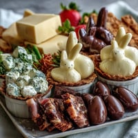 Festive mini Easter basket treat board with cheeses, cured meats, and colorful fruits arranged for spring celebrations.