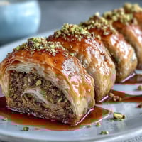 Crispy pistachio baklava rolls with golden phyllo pastry and fragrant crushed nuts, drizzled in orange blossom syrup for a sweet Middle Eastern treat.
