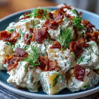 Memorial Day Potato Salad with dill and bacon, topped with fresh herbs.