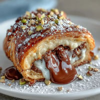 Golden Dubai chocolate pistachio croissant French toast drizzled with syrup.