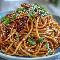 Creamy gochujang butter pasta with vibrant red sauce, aromatic garlic, and tender spaghetti twirled on a plate.  