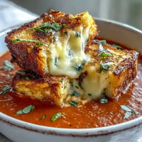 Creamy Tomato Basil Soup with Grilled Cheese Croutons in a white bowl, garnished with fresh basil leaves and golden grilled cheese croutons on top.