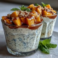 Creamy Skyr Protein Chia Pudding with vibrant mango layers, a healthy breakfast.