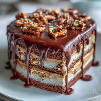 Decadent Father's Day Chocolate Peanut Butter Pretzel Cake, rich ganache dripping over edges.